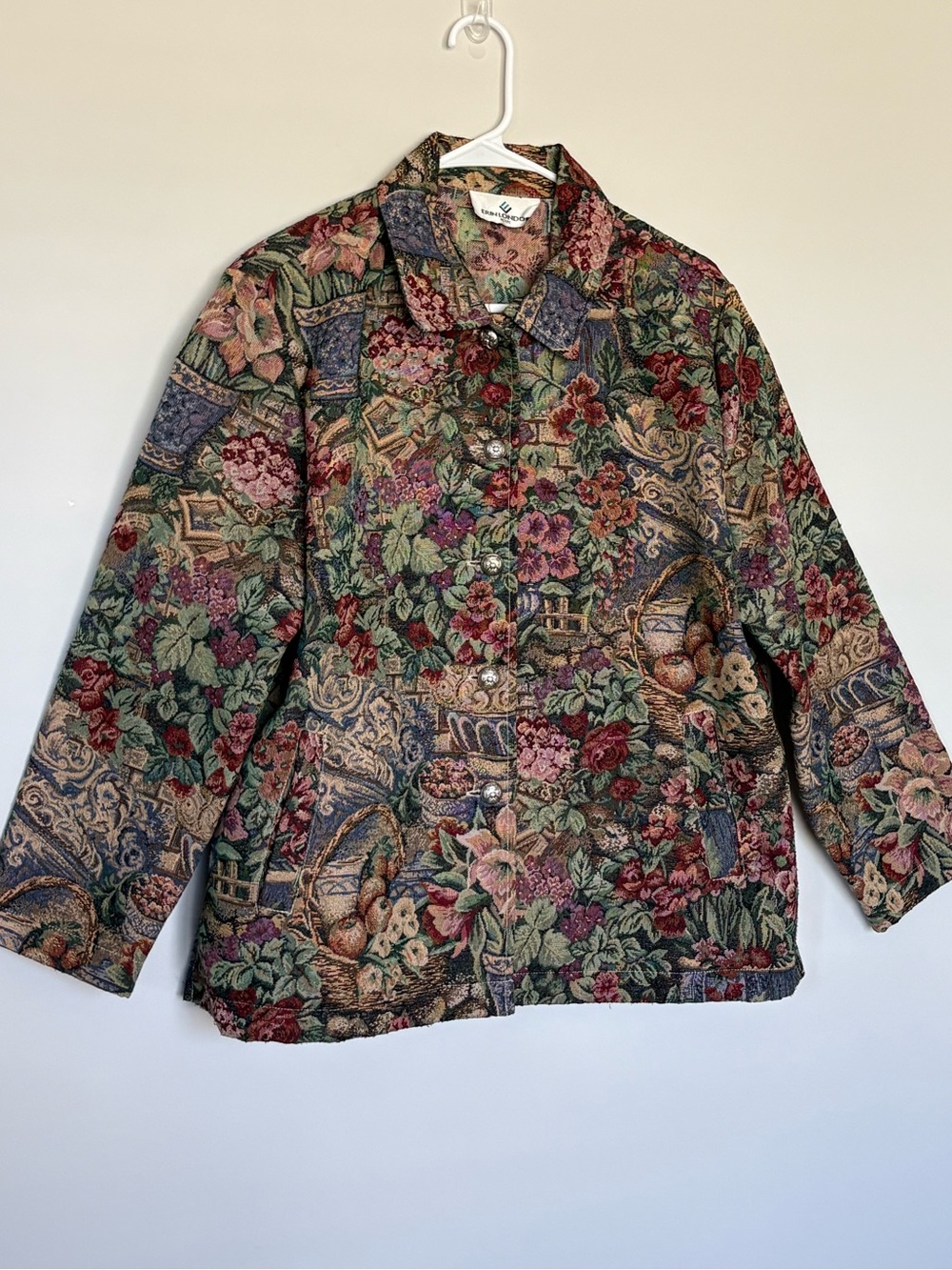 Vintage Erin London Petite Large Floral Tapestry Jacket Button Front Boho Woven